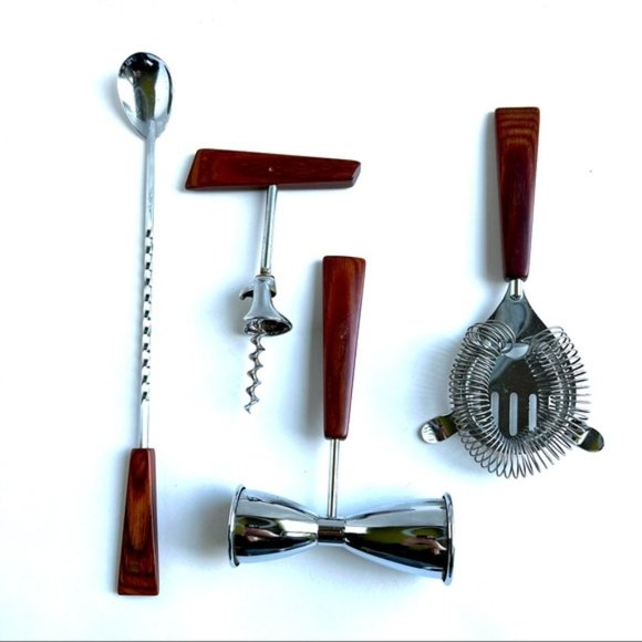 Wood Handle Bar Ware Set Spoon Strainer Jigger Corkscrew - Picture 1 of 6